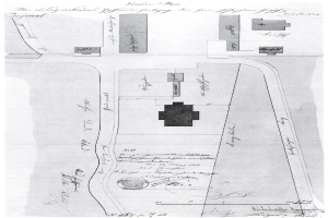 Eine Schwarz-Weiß-Zeichnung einer Stadtkarte mit zahlreichen Gebäuden, die als Grundriss für einen neuen Bau in London gilt, mit Texten zur Gebäudeanlage.