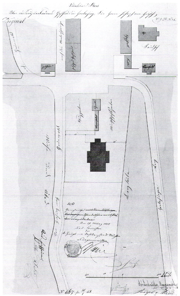 Eine Schwarz-Weiß-Zeichnung einer Stadtkarte mit zahlreichen Gebäuden, die als Grundriss für einen neuen Bau in London gilt, mit Texten zur Gebäudeanlage.