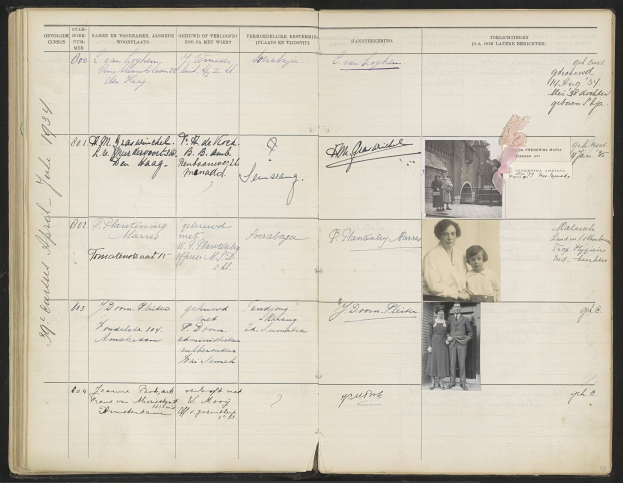 Offenes Buch mit einem Schwarz-Weiß-Familienfoto auf der linken Seite und Text und Bilder auf der rechten.