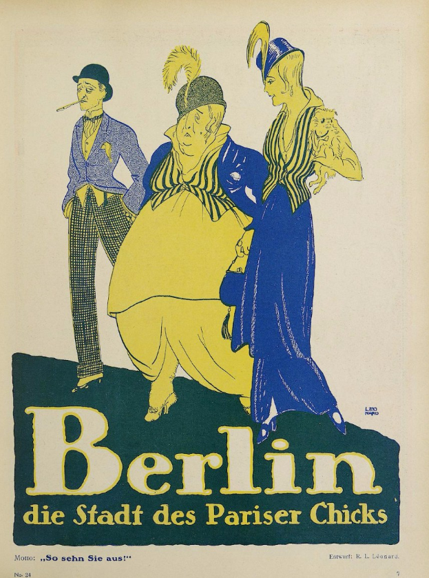 Plakat für ein Berliner Konzert mit dem Titel "Berlin - Die Stadt des Pariser Chicks", das eine Gruppe von Menschen in bunten Kleidern vor einem Gebäude zeigt, die lächeln und zu genießen scheinen.