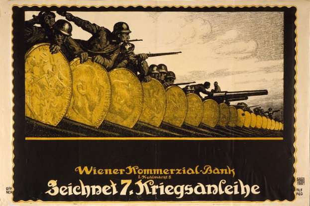 Ein deutscher Propagandaplakat aus dem Zweiten Weltkrieg, das eine Gruppe von Helmlosen zeigt, die Waffen halten, mit "Wiener Kommmerzial Bank" unten geschrieben.