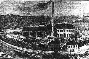 Eine Schwarz-Weiß-Zeichnung einer Fabrik in einem Feld mit Gebäuden, Bäumen und einem Pfahl im Vordergrund, mit dem Text "The New York State Penitentiary" unten.