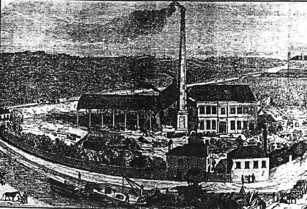 Eine Schwarz-Weiß-Zeichnung einer Fabrik in einem Feld mit Gebäuden, Bäumen und einem Pfahl im Vordergrund, mit dem Text "The New York State Penitentiary" unten.