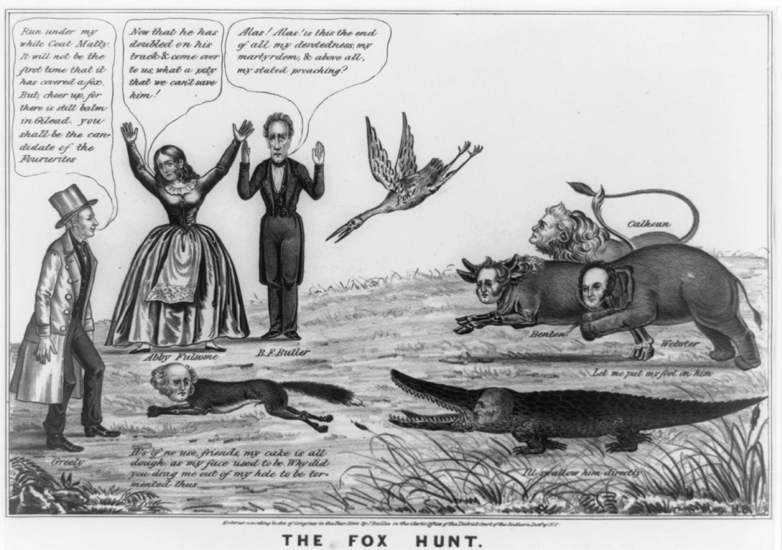 Plakat mit dem Titel "Die Fuchsjagd" mit einem Schwarz-Weiß-Bild eines Mannes, einer Frau und eines menschlichen Gesichts umgeben von Tieren, Vögeln und Gras.