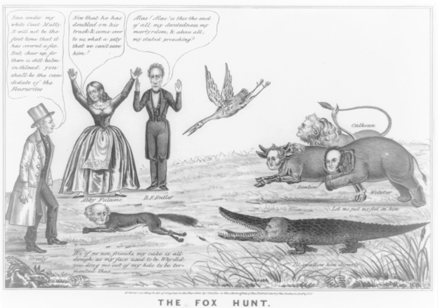 Plakat mit dem Titel "Die Fuchsjagd" mit einem Schwarz-Weiß-Bild eines Mannes, einer Frau und eines menschlichen Gesichts umgeben von Tieren, Vögeln und Gras.