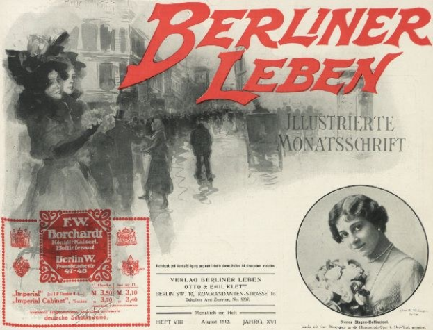 Werbeposter für den Berliner Leben Film, das eine Gruppe von Menschen vor einem Gebäude zeigt, mit Text, der den Film und seine Charaktere beschreibt.