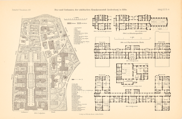 Detailierte alte Stadtkarte auf Papier mit Straßen, Gebäuden, Parks und Sehenswürdigkeiten mit begleitendem Text.