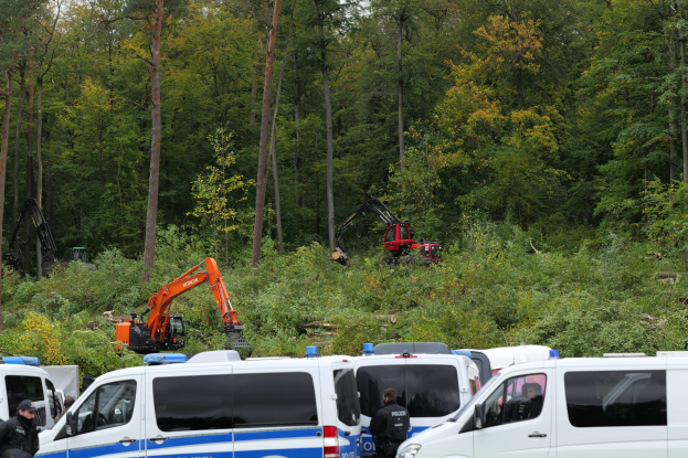 Gruppe von Polizeiwagen in einem waldigen Gebiet geparkt, mit uniformierten und mit Jacken bekleideten Beamten und einem Bagger im Hintergrund und sichtbarem Himmel.
