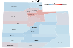 Eine Karte von Utah mit der Aufschrift "Utah Budget Map", wobei der Staat in verschiedenen Blautönen, Grüntönen und Gelbtönen hervorgehoben ist.