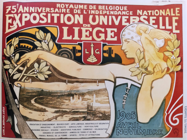 Plakat zum 75. Jubiläum der Nationalen Universitätsausstellung Liège mit einer Frau, die einen Blumenstrauß hält und Textbeschriftung.