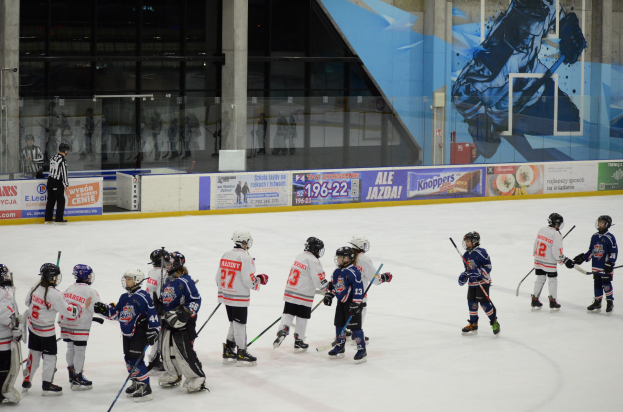 Gruppe junger Menschen beim Eishockey auf einer Indoor-Eisfläche, mit Helmen und Stöcken, mit einer Person links und Bannern, Säulen und Glaswänden im Hintergrund.