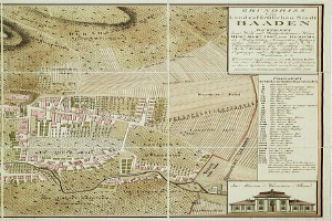 Ein detailliertes altes Stadtplan von Baden-Württemberg, Deutschland, der Straßen, Gebäude und Sehenswürdigkeiten zeigt, mit Text, der zusätzliche Stadtinformationen bereitstellt, und einem Gebäude in der rechten unteren Ecke.