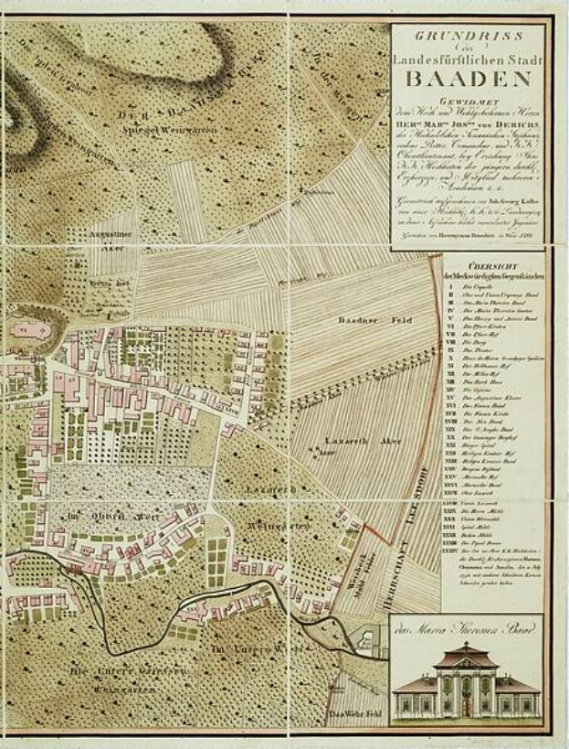 Ein detailliertes altes Stadtplan von Baden-Württemberg, Deutschland, der Straßen, Gebäude und Sehenswürdigkeiten zeigt, mit Text, der zusätzliche Stadtinformationen bereitstellt, und einem Gebäude in der rechten unteren Ecke.