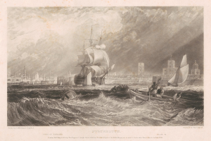 Eine Gravur eines Schiffs auf dem Meer mit Menschen darauf, umgeben von Gebäuden und einem bewölkten Himmel, mit dem Text "Portsmouth, England von Thomas Rowlandson" unten.