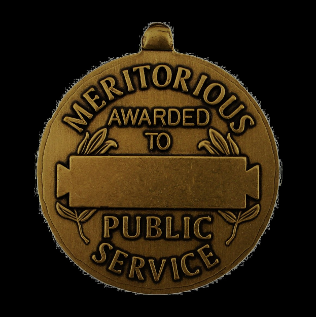 Bronze-Medaille mit der Inschrift "Verdienstvolle Tätigkeit im öffentlichen Dienst" auf weißem Hintergrund.