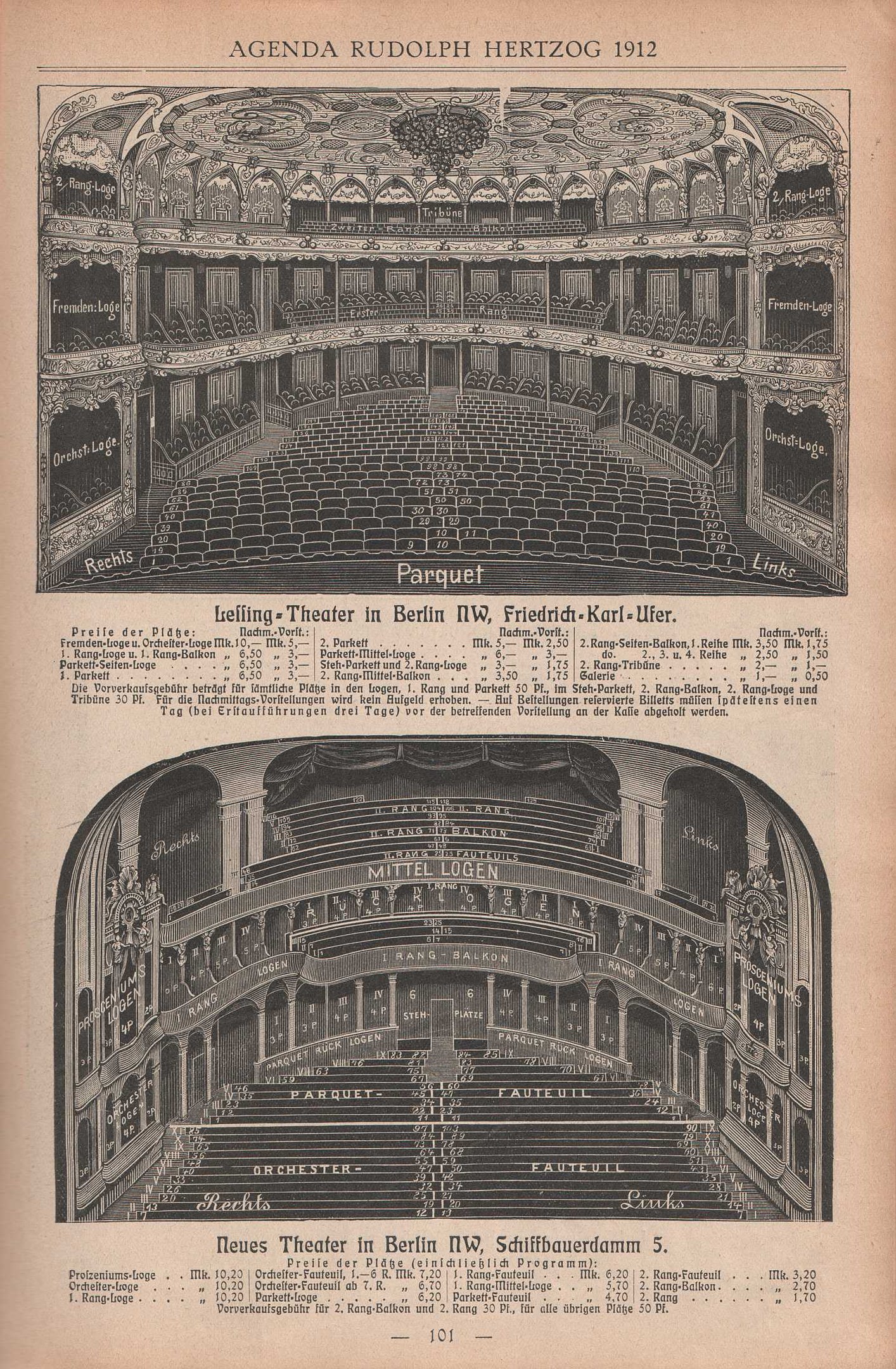 Schwarz-weiß-Illustration einer alten Buchseite mit einer großen Auditoriumszeichnung in Berlin, Deutschland, aus dem Jahr 1912, mit begleitendem Text und Layout-Details.