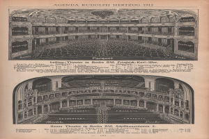 Schwarz-weiß-Illustration einer alten Buchseite mit einer großen Auditoriumszeichnung in Berlin, Deutschland, aus dem Jahr 1912, mit begleitendem Text und Layout-Details.