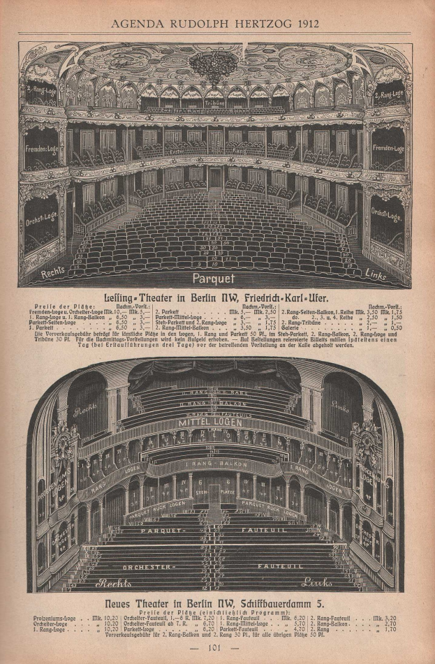 Schwarz-weiß-Illustration einer alten Buchseite mit einer großen Auditoriumszeichnung in Berlin, Deutschland, aus dem Jahr 1912, mit begleitendem Text und Layout-Details.