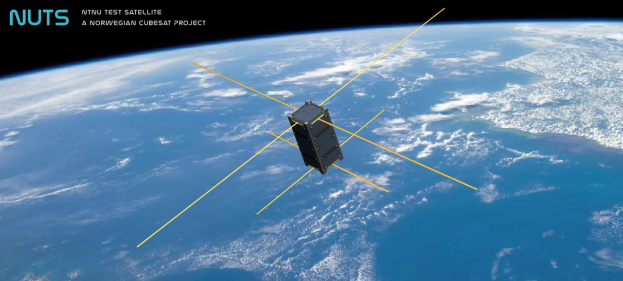Eine Künstlerische Darstellung eines GPS-Satelliten in der Umlaufbahn um die Erde, mit Text oben und unten im Bild.