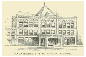 Ein Plakat mit dem Kalamazoo Opera House, einem zweistöckigen Gebäude mit rotem Dach, weißen Wänden, mehreren Fenstern und einer zweiten Etage mit Balkon, mit der Inschrift "Kalamazoo, das Opera House"