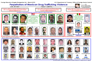 Ein Plakat mit einem hellblauen Hintergrund, das Fotos verschiedener Personen zeigt, die alle direkt in die Kamera schauen und eine ernste Miene haben, sowie eine fette schwarze Schrift in der Mitte, die "Verbrecher der mexikanischen Drogenhandel Gewalt" lautet.