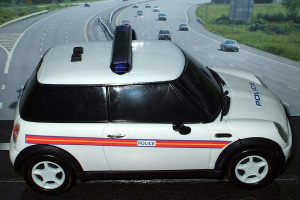 Ein weißer Polizeiwagen steht im Vordergrund mit mehreren Fahrzeugen auf der Straße dahinter, umgeben von Gras und Bäumen auf beiden Seiten.