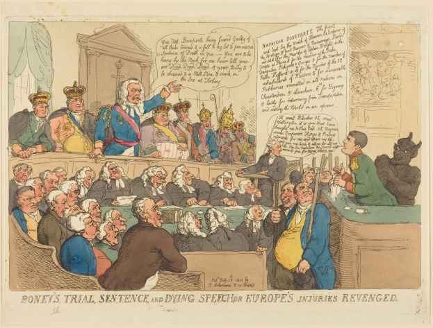 Cartoon von einer Gerichtsszene mit dem Titel "Boney's Trial, Sentence, and Dying Speech Europe's Injuries Revenged", das einen stehenden Mann in der Mitte, sitzende Figuren, einen Tisch mit Gegenständen rechts und Text unten zeigt.