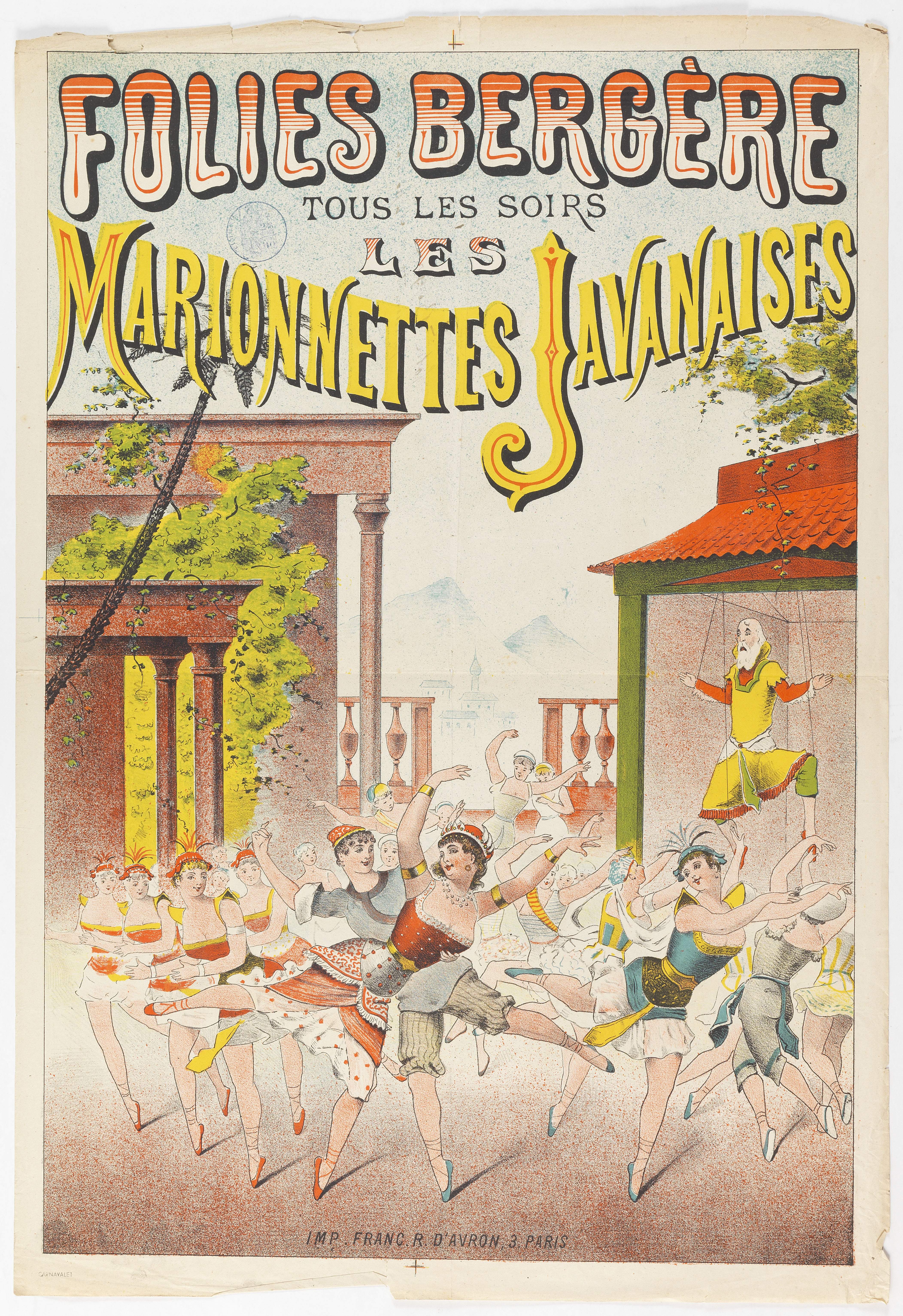 Ein Plakat, das eine Tanzshow in Paris ankündigt, mit einer Gruppe von Menschen, die im Vordergrund tanzen, einem Gebäude, Bäumen und Himmel im Hintergrund und Text auf dem Plakat.