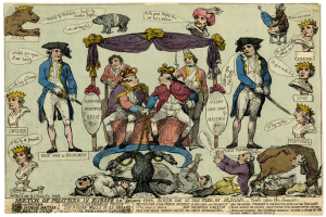 Eine Karikatur, die eine Gruppe von Menschen in verschiedenenfarbigen Kleidern zeigt, einige sitzen und einige liegen auf dem Boden, mit Tieren und anderen Gegenständen im Hintergrund und dem Text "Skizze der Politik in Europa" unten.