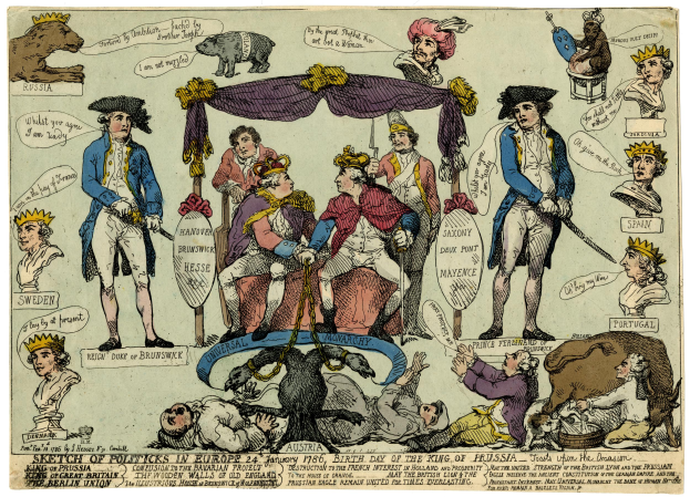 Eine Karikatur, die eine Gruppe von Menschen in verschiedenenfarbigen Kleidern zeigt, einige sitzen und einige liegen auf dem Boden, mit Tieren und anderen Gegenständen im Hintergrund und dem Text "Skizze der Politik in Europa" unten.