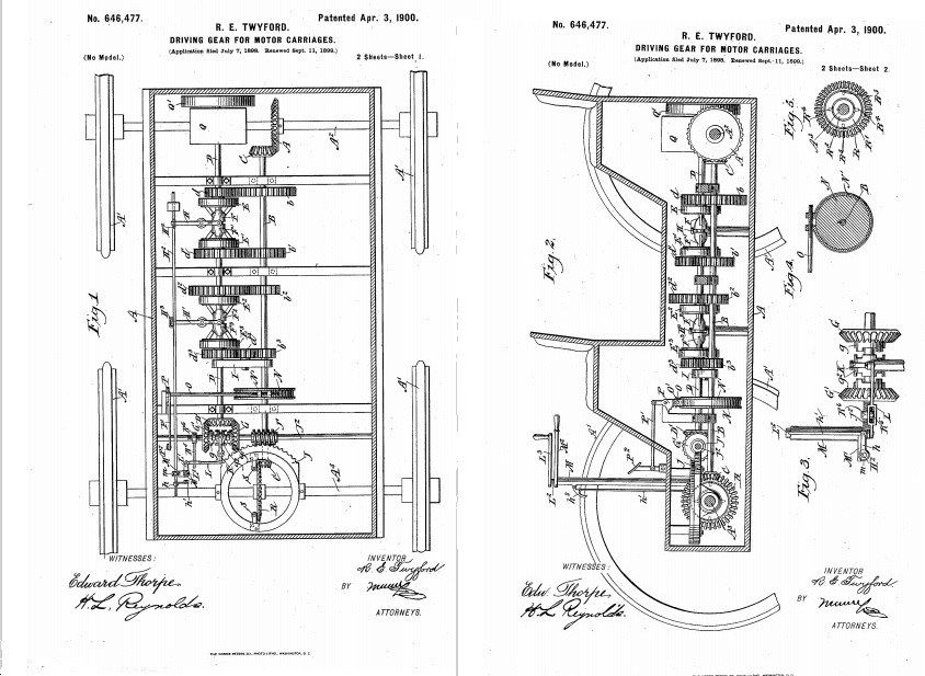 Schwarz-weißes technisches Zeichnung eines mit Zahnrädern gefüllten Maschinen, wahrscheinlich das erste Auto-Patent, auf weißem Papier mit begleitendem Text.