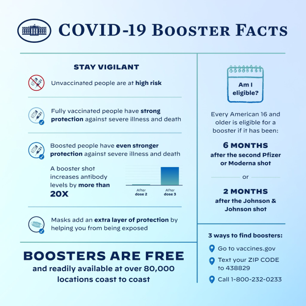 Ein Plakat mit dem Titel "Covid-19-Booster-Fakten" mit Text und Bildern, darunter ein Grafik eines Menschen mit Mund-Nasen-Schutz, das Informationen über Virusfälle, Typ und Risiken enthält.