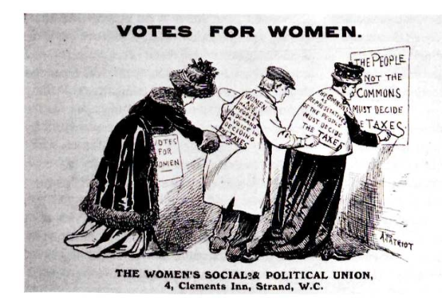 Zeichnung von drei Frauen in traditioneller Kleidung mit einem Schild, auf dem "Votes for Women: The Women's Social & Political Union" steht, vor einem hellblauen Himmel mit weißen Wolken.