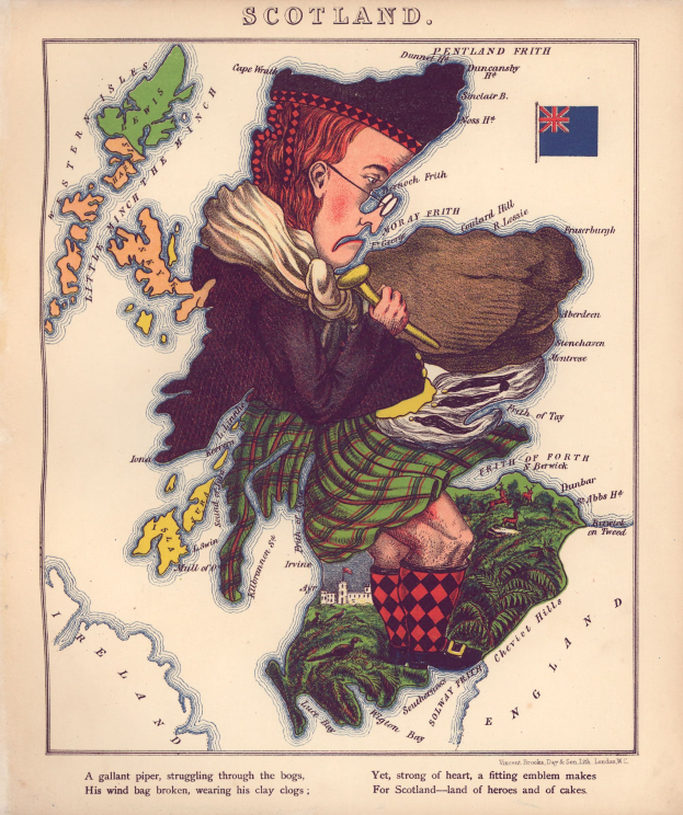 Ein altes Scotland-Karte mit einem Mann in traditioneller Highland-Kleidung, der eine Dudelsack spielt, mit gedrucktem Text und einer Flagge auf dem Papier.