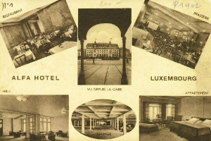 Eine alte Ansichtskarte des Alfa Hotels in Luxemburg, die eine Collage von Innenraumaufnahmen zeigt, einschließlich Möbeln, Säulen und Fenstern, sowie Text mit Hotelinformationen.