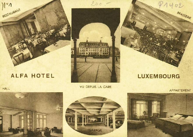 Eine alte Ansichtskarte des Alfa Hotels in Luxemburg, die eine Collage von Innenraumaufnahmen zeigt, einschließlich Möbeln, Säulen und Fenstern, sowie Text mit Hotelinformationen.
