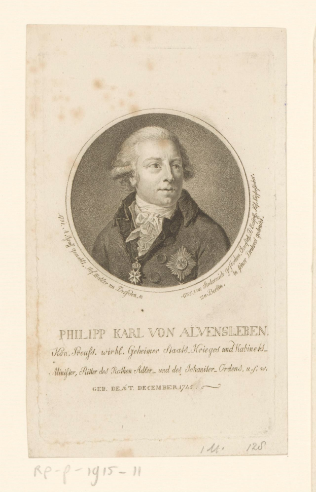 Porträt von Philipp Karl von Alvensleben, einem deutschen Staatsmann, der einen Anzug und eine Krawatte trägt, mit einem ernsten Gesichtsausdruck, dunklen Haaren und vor der Brust verschränkten Händen, der abwesend in die Ferne schaut, mit Text über dem Bild.