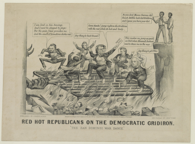 Ein politischer Cartoon auf Papier zeigt rote Figuren mit der Bezeichnung "Republikaner" auf einem blauen Gridiron, mit verzerrten Gesichtern und erhobenen Armen, begleitet von fetter schwarzer Schrift.