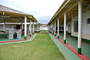 Schutzraeume mit Saulen und Raumen, umgeben von einer Grasoberflaeche.