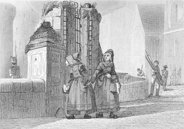 Schwarz-weiß-Gravur von zwei Frauen, die vor einem Gebäude stehen, mit einigen anderen Menschen im Hintergrund, betitelt mit "Victorian Women in the City of London".