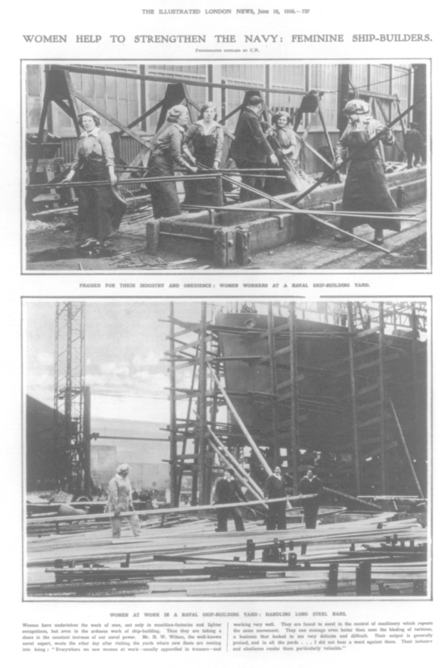 Schwarzes und weißes Foto von Frauen, die auf einem Schiff arbeiten, umgeben von Metallstangen und anderen Gegenständen, mit Text oben und unten, der "Frauen stärken die Marine Schiffbauerinnen".