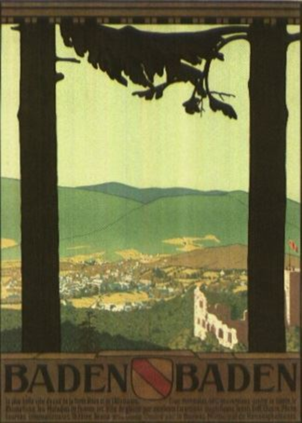 Ein Vogel sitzt auf einem Ast mit Gebäuden und Hügeln im Hintergrund, unter einem klaren blauen Himmel, mit Textwerbung für Baden-Württemberg, Deutschland.