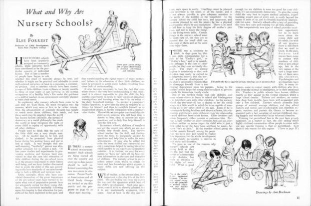 Offenes Buch mit Illustrationen von spielenden Kindern in einer Kita, mit Text und einer Tabelle mit Gegenständen.