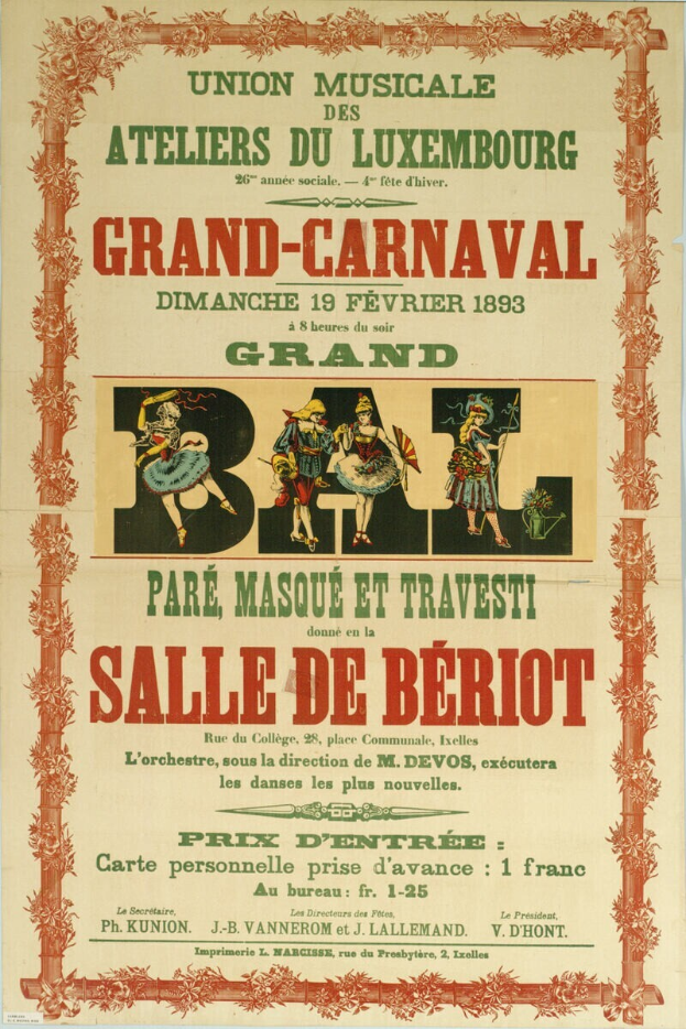 Ein altes Plakat, das ein Pariser Karneval ankündigt, zeigt eine Gruppe von Menschen in traditioneller Kleidung vor einem hellgelben Hintergrund mit der Aufschrift 'Großes Karneval' oben.