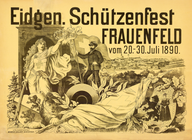 Plakat zum Eidgen Schützenfest in Frauenfeld, Deutschland, mit einem Mann im Anzug und einer Frau im Kleid nebeneinanderstehend und Ereignisinformationen im Text.