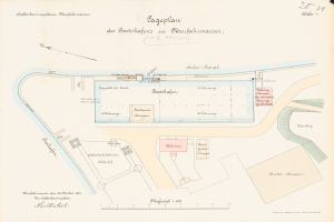 Ein altes Stadtplan von Stuttgart, Deutschland, mit einem detaillierten Plan des Gebiets und begleitendem Text auf dem Papier.