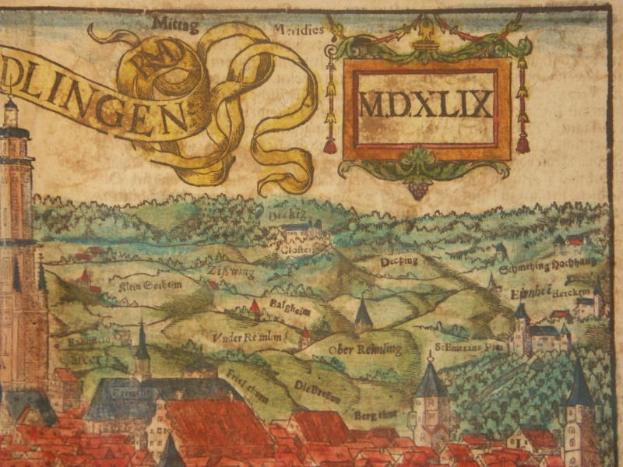 Alte detaillierte Karte von Dlingen, Deutschland, mit Gebäuden, Bäumen und Text auf vergilbtem Papier mit umgebender Landschaft.