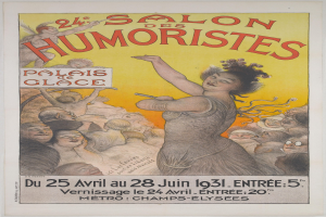 Plakat für den Salon des Humoristes in Paris mit einer Frau in der Mitte einer Menge, umgeben von Text.