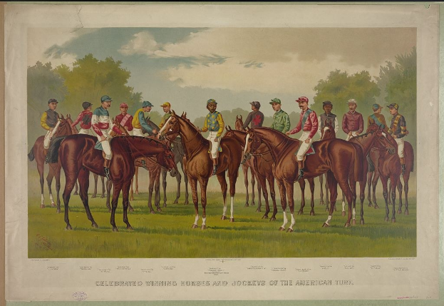 Gruppe von Menschen, die auf einem grünen Feld mit Bäumen und einem blauen Himmel reiten, Text unten lautet "Feiernder Siegerpferde und Jockeys der amerikanischen Wiese".