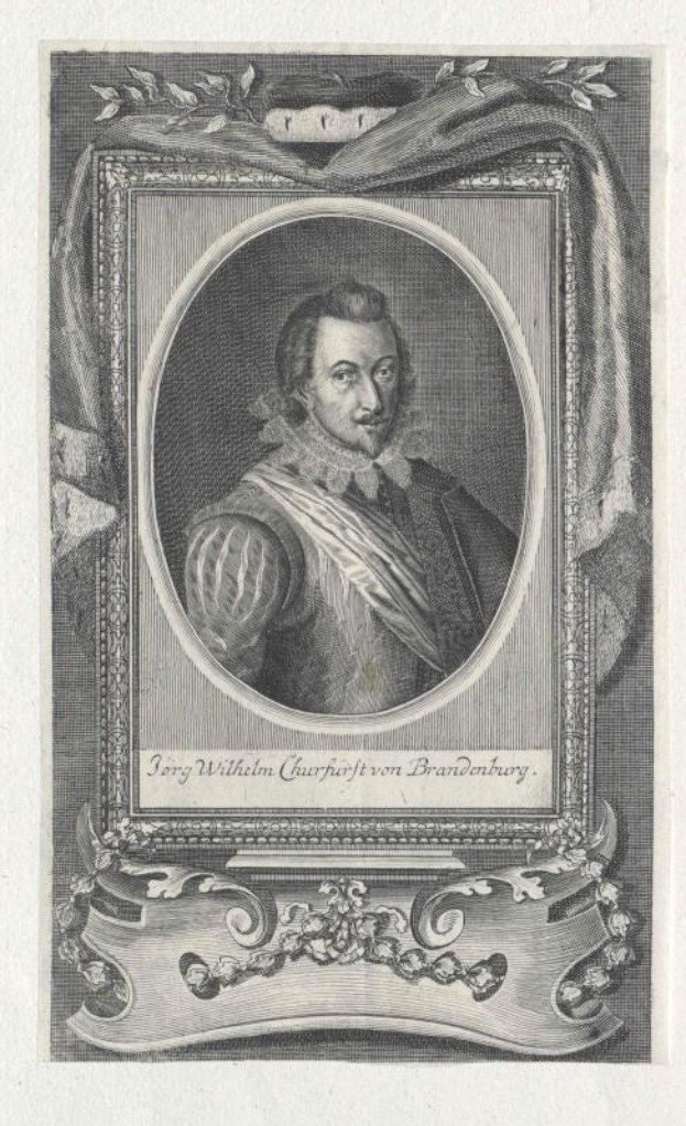 Schwarze und weiße Gravur von Jorg Wilhelm Cauphort von Brandenburg in einem Anzug und Krawatte, gerahmt mit Text unten.